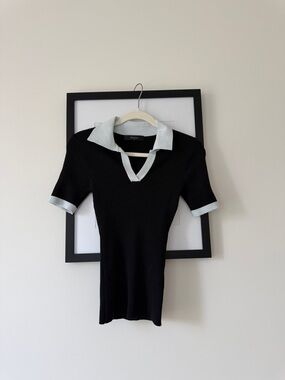 Black Short-Sleeve Ribbed Polo Top with White Trim